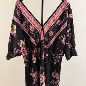 Shein Chic Black and Pink Floral V-Neck dress